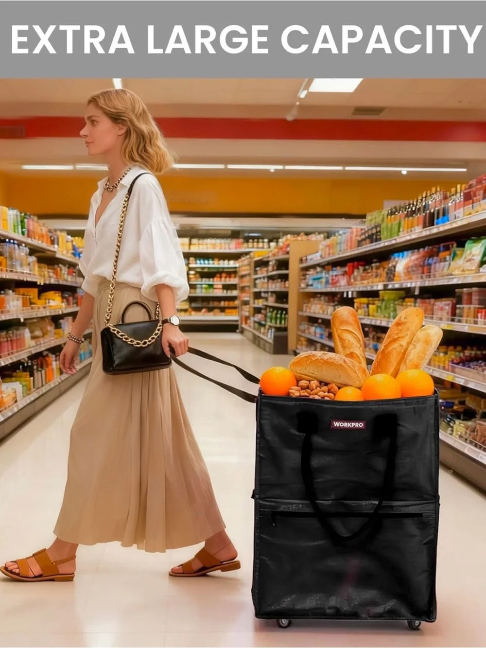 X Large Rolling Grocery Bag, 36-Gallon Tote with 5 Wheels, 110 lbs Capacity NWT